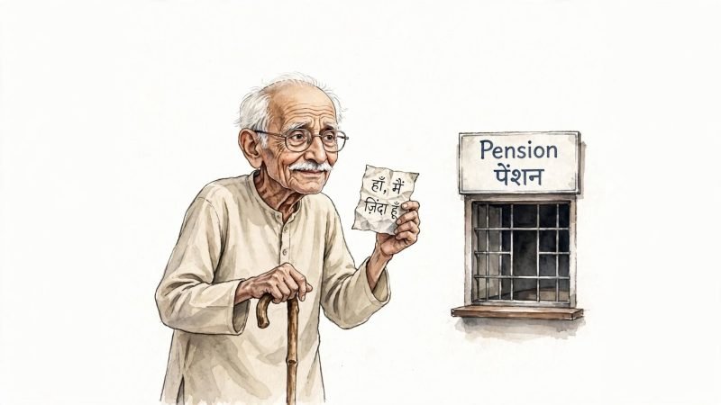 हाथ में छड़ी लिए एक बुज़ुर्ग एक काग़ज़ दिखा रहे हैं जिस पर लिखा है “हाँ, मैं ज़िंदा हूँ”। पास ही “Pension / पेंशन” की खिड़की है — जिसके पीछे कोई नहीं बैठा।
