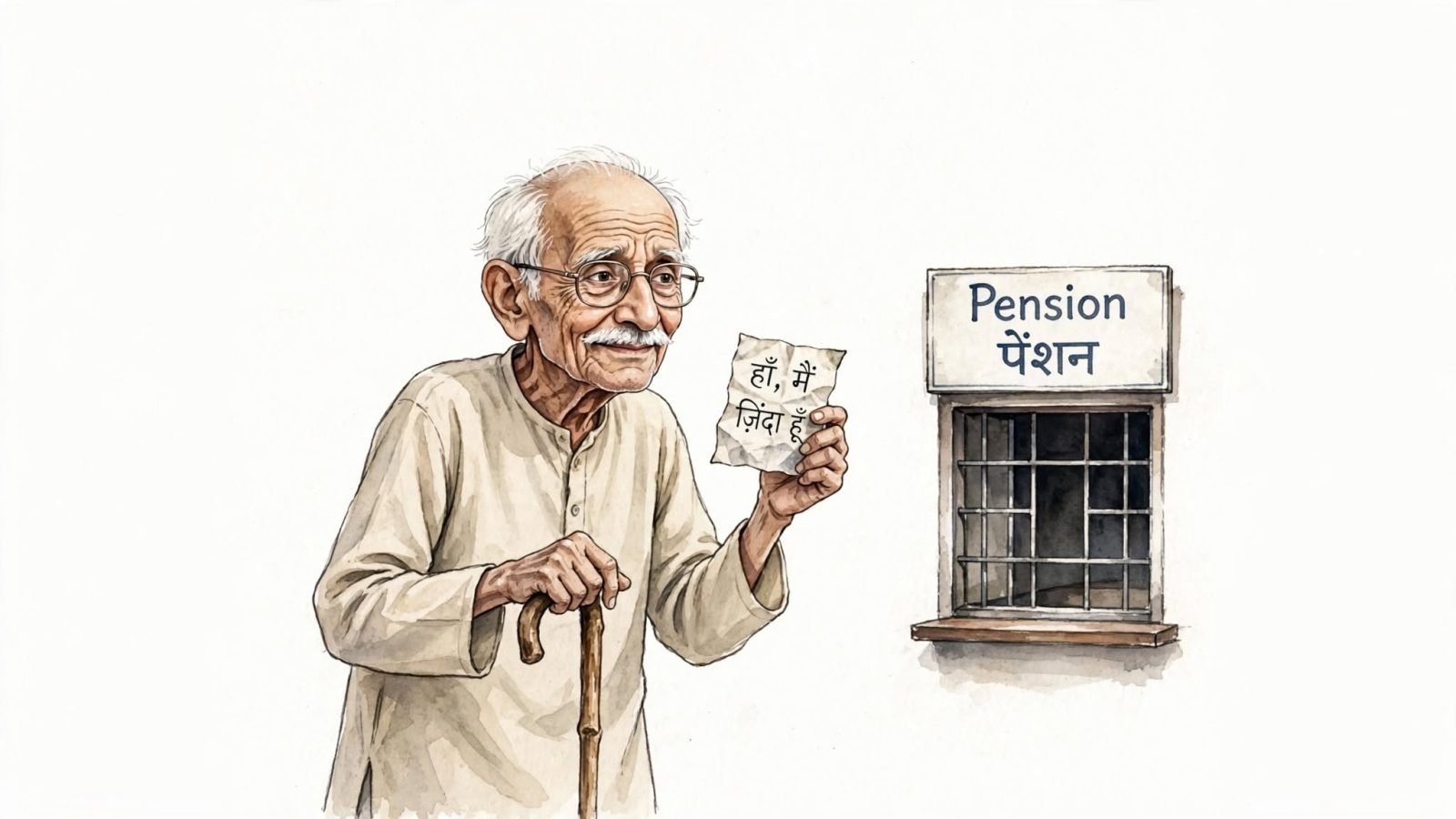 हाथ में छड़ी लिए एक बुज़ुर्ग एक काग़ज़ दिखा रहे हैं जिस पर लिखा है “हाँ, मैं ज़िंदा हूँ”। पास ही “Pension / पेंशन” की खिड़की है — जिसके पीछे कोई नहीं बैठा।